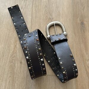 Leather Wide Black Gray Studded Antiqued Brass Large Silvertone Buckle Belt L